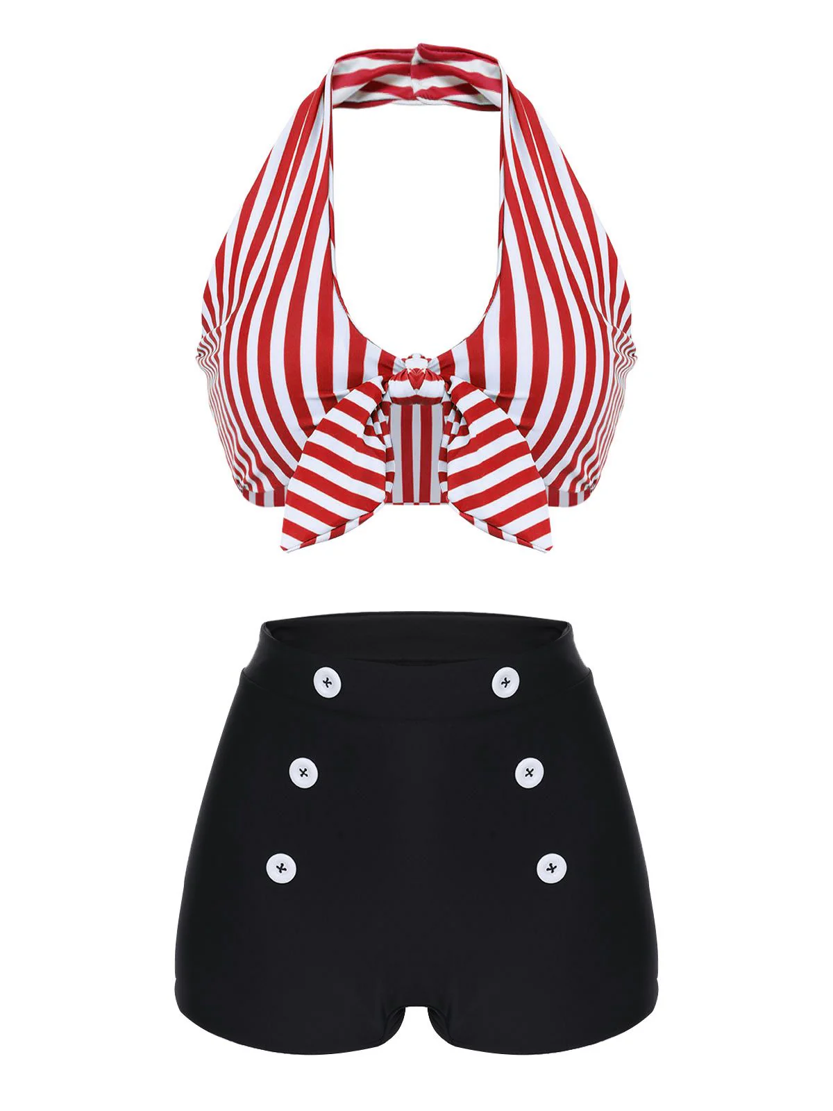 Red Retro Halter Stripes Bikini Set